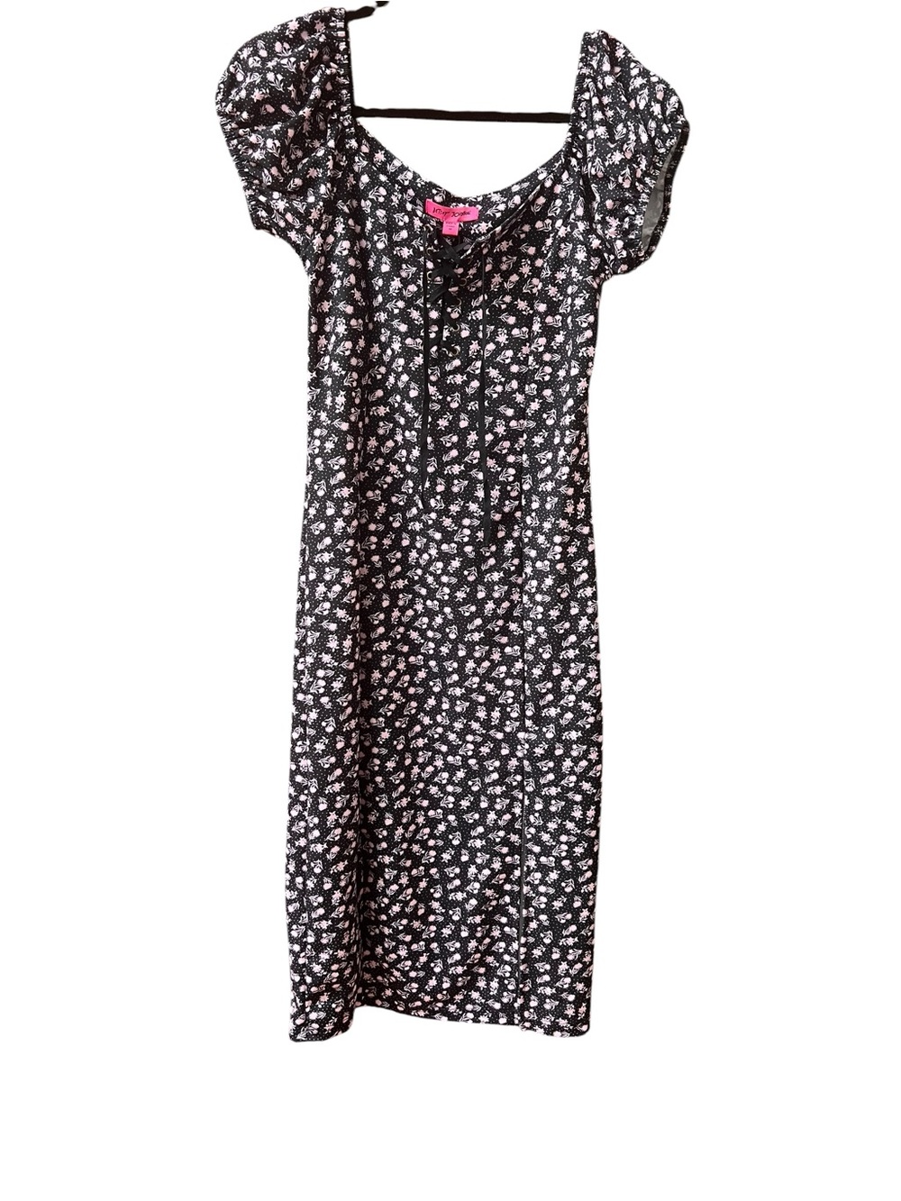 Betsey Johnson Black Floral Midi Dress with Puff Sleeves Medium